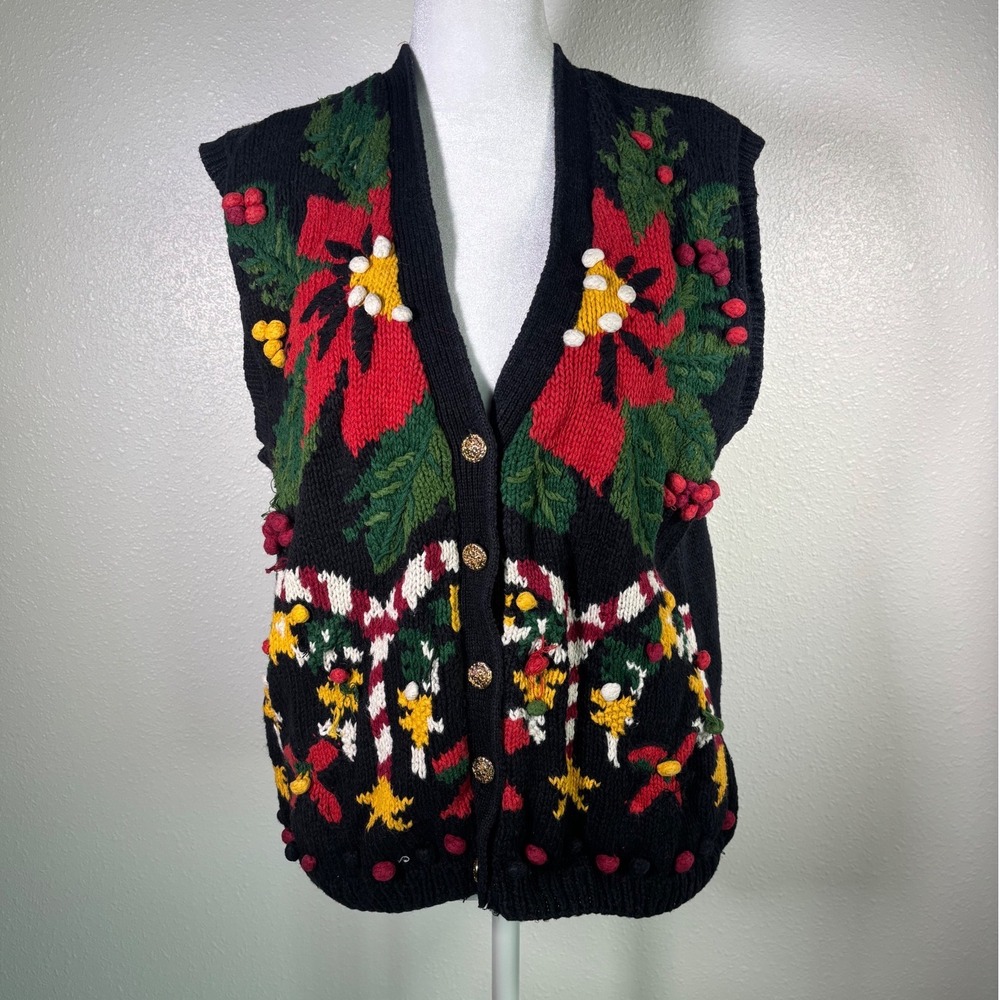 Vintage Hand Knitted Christmas Sweater Vest Black Poinsettia Pom Pom L Rafaella